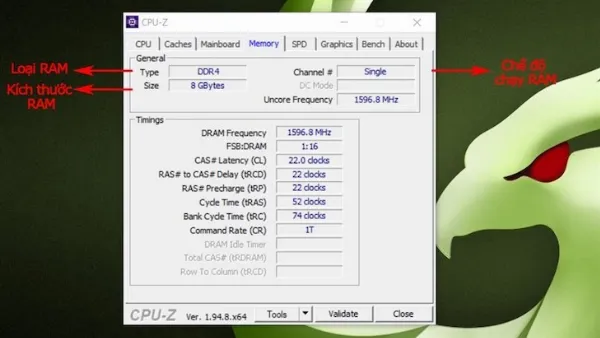 Các thông số kỹ thuật quan trọng bạn cần để ý trong mục "Memory" khi tải phần mềm CPU-Z