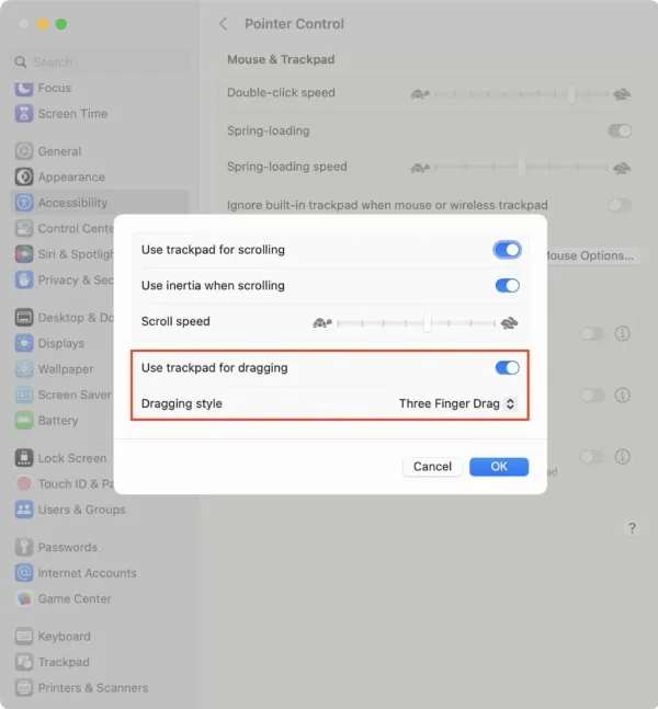 Cài đặt trợ năng để bật kéo thả bằng ba ngón tay trên trackpad MacBook chạy macOS Ventura