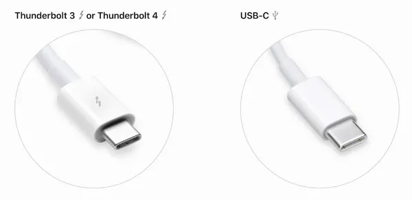 Cáp Thunderbolt có biểu tượng tia sét ở mỗi đầu cáp, còn cáp USB-C thông thường sẽ không có biểu tượng này