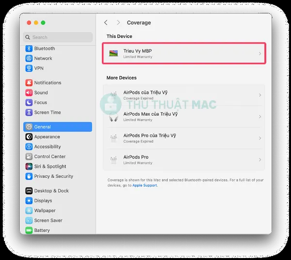 Chi tiết thông tin bảo hành của máy Mac trong Cài đặt Hệ thống