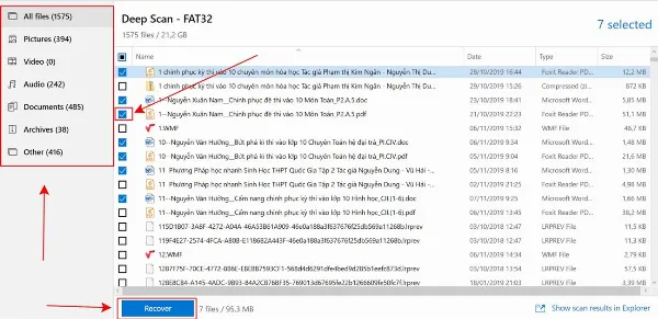 Chọn các tập tin muốn khôi phục và nhấn Recover