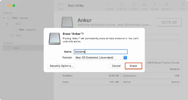 Chọn định dạng Mac OS Extended Journaled và GUID Partition Map