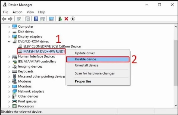 Chọn Disable device trong DVD/CD-ROM