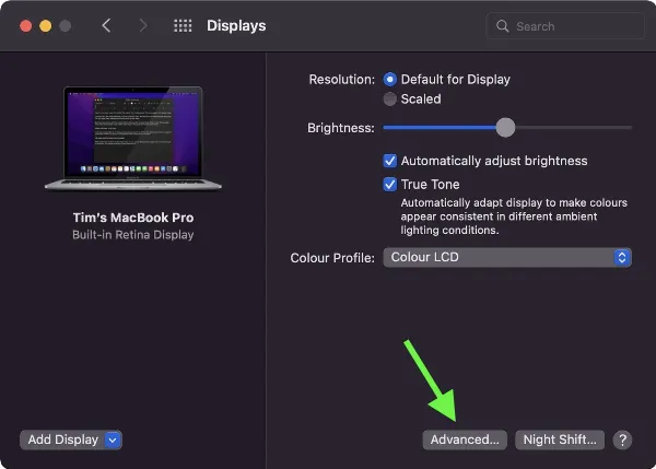 Chọn Màn hình trong Tùy chọn Hệ thống