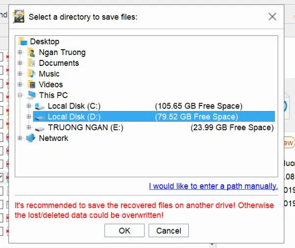Chọn nơi lưu trữ tập tin đã khôi phục