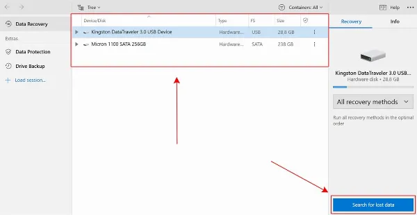 Chọn ổ đĩa hoặc thiết bị lưu trữ cần khôi phục