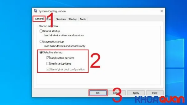 Chọn Selective startup và bỏ chọn Load startup items