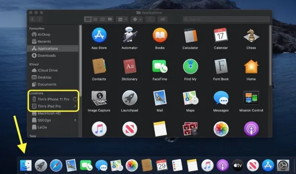 Chọn thiết bị iOS cần sao lưu trong Finder trên macOS Catalina