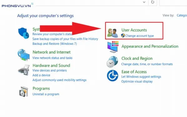 Chọn User Accounts trong Control Panel