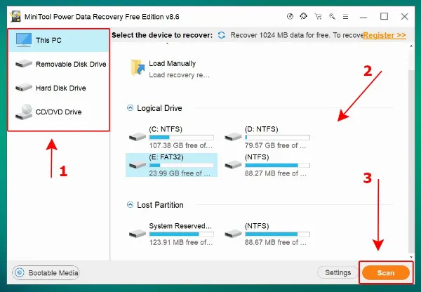 Chọn vị trí cần khôi phục dữ liệu và nhấn Scan