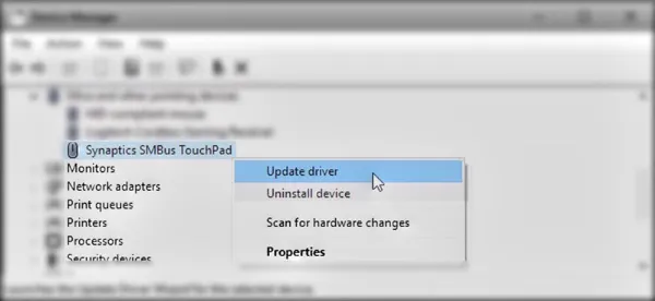 Click chuột phải v&agrave;o phần thiết bị touchpad v&agrave; chọn Update Driver