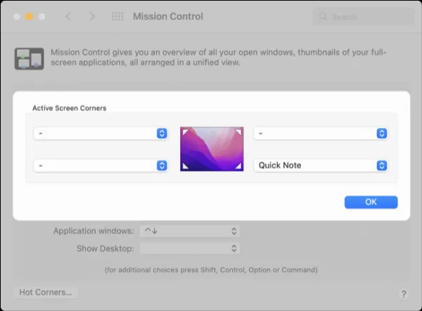 Cửa sổ Mission Control với nút Hot Corners được đánh dấu để tắt tính năng Ghi Chú Nhanh