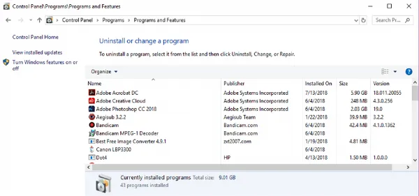 Danh sách các phần mềm đã cài đặt trong Programs and Features