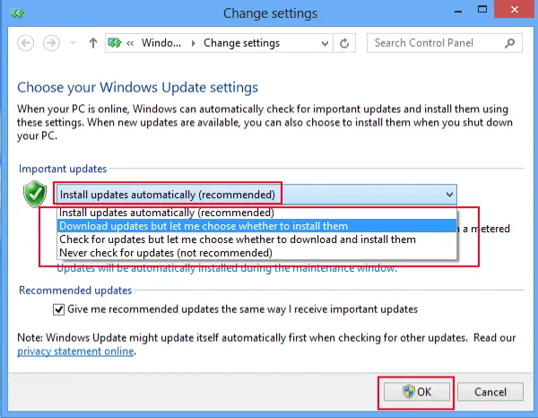 Giao diện Change settings trong Windows Update