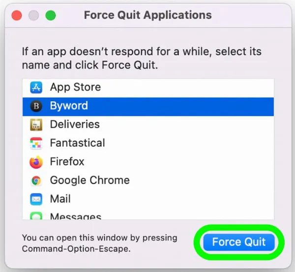 Giao diện hộp thoại Force Quit Applications