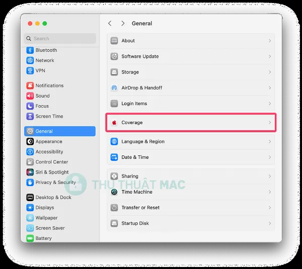 Giao diện mục Bảo hành trong Cài đặt Hệ thống trên macOS Sonoma