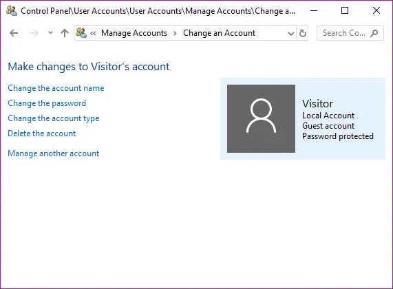 Giao diện User Accounts trong Control Panel