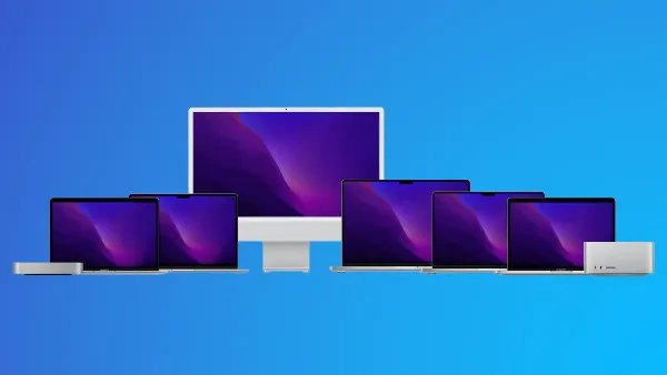 Hình ảnh các dòng máy Mac chạy chip Apple Silicon tại sự kiện WWDC 2022 với nền màu xanh dương