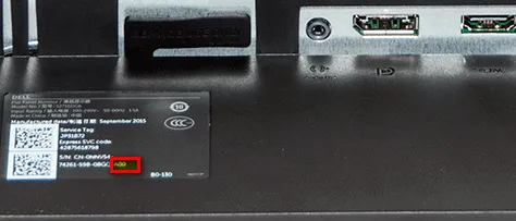 Hình ảnh minh họa tem thông tin sản phẩm trên màn hình Dell S2716DG, hiển thị số phiên bản A00