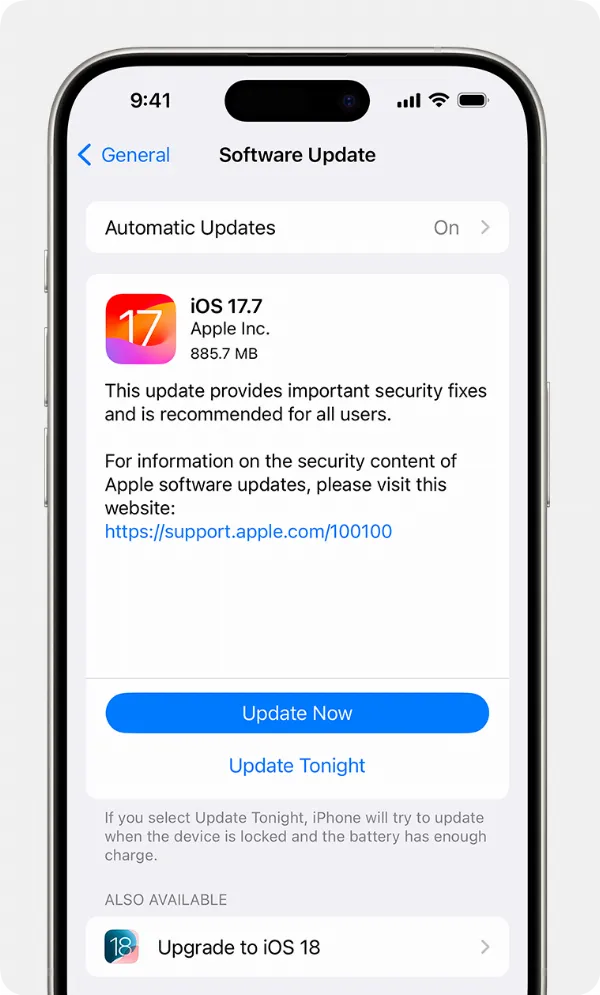 iPhone hiển thị màn hình Cập nhật phần mềm với tùy chọn Cập nhật ngay