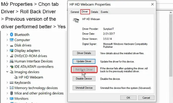 Khôi phục driver webcam về phiên bản cũ