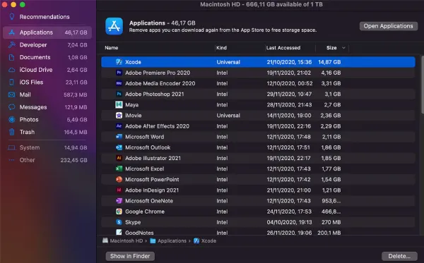 Kiểm tra loại ứng dụng qua quản lý dung lượng