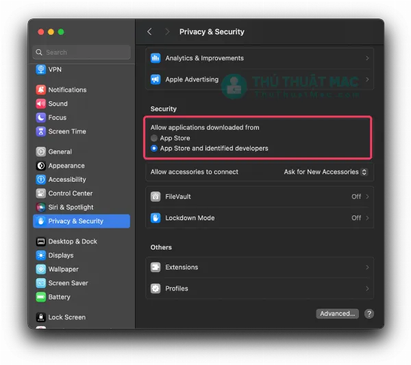 Kiểm tra trạng thái Gatekeeper sau khi bật trong Cài đặt hệ thống macOS