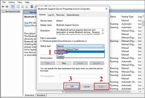 Lỗi tại Bluetooth Support Services