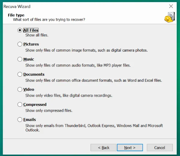 Lựa chọn loại tập tin cần khôi phục