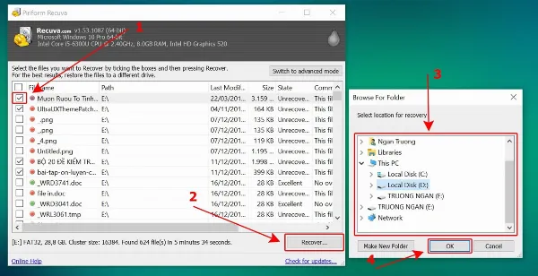 Lựa chọn tập tin và thư mục lưu trữ sau khi khôi phục