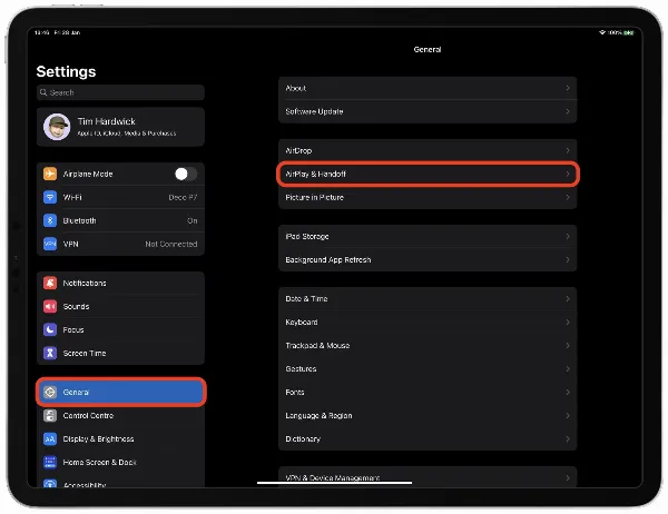 Mở Cài đặt chung, AirPlay & Handoff trên iPad