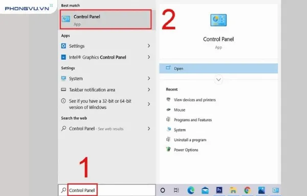 Mở Control Panel từ thanh tìm kiếm