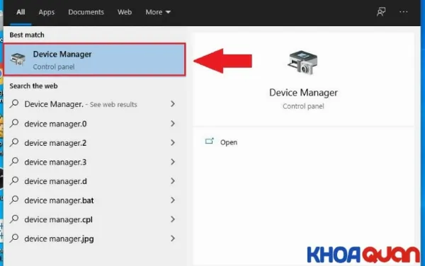 Mở Device Manager từ menu Start