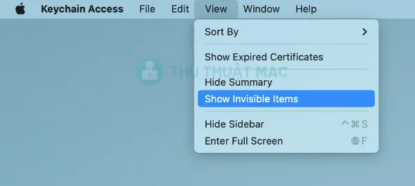 Mở Keychain Access và Hiển Thị Các Mục Ẩn