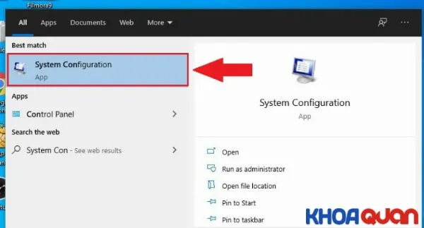 Mở System Configuration bằng lệnh msconfig