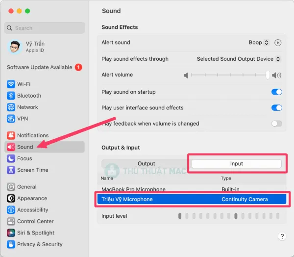 Mô tả cách chọn iPhone làm thiết bị đầu vào trong cài đặt âm thanh của macOS Ventura