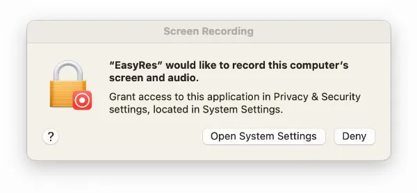 Mô tả: Cấp quyền truy cập Ghi màn hình cho EasyRes trong Cài đặt hệ thống