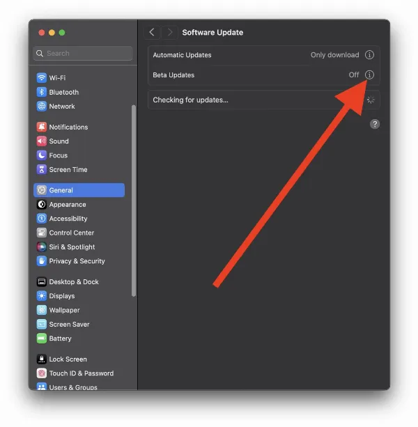 Mô tả: Giao diện cài đặt cập nhật phần mềm trên macOS, hiển thị tùy chọn Beta Updates và biểu tượng thông tin "i", từ khóa: cài đặt cập nhật phần mềm macOS, beta updates, macOS sequoia