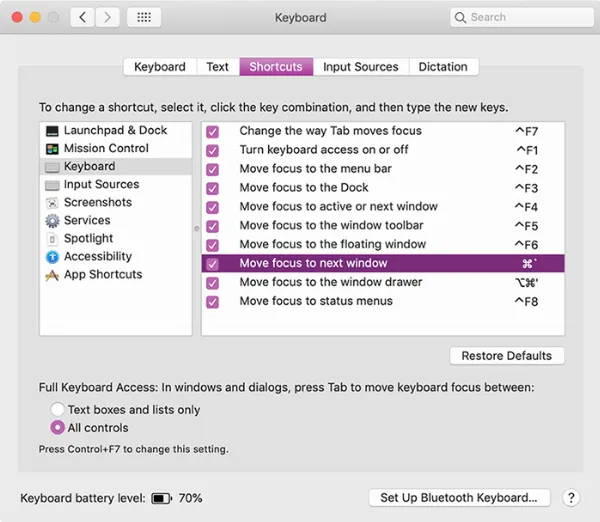Mô tả: Giao diện cài đặt Phím tắt trong Tùy chọn hệ thống trên Mac, cho phép người dùng tùy chỉnh các phím tắt bàn phím theo ý muốn