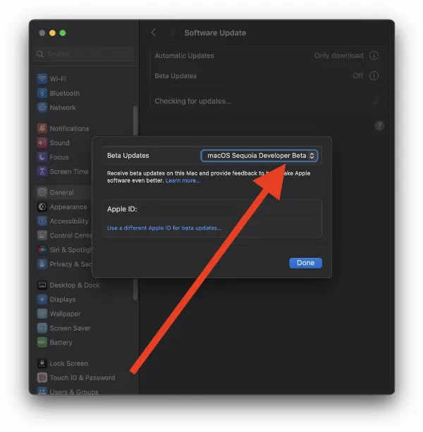Mô tả: Giao diện lựa chọn phiên bản beta, hiển thị tùy chọn macOS Sequoia Developer Beta, từ khóa: macOS sequoia developer beta, lựa chọn phiên bản beta