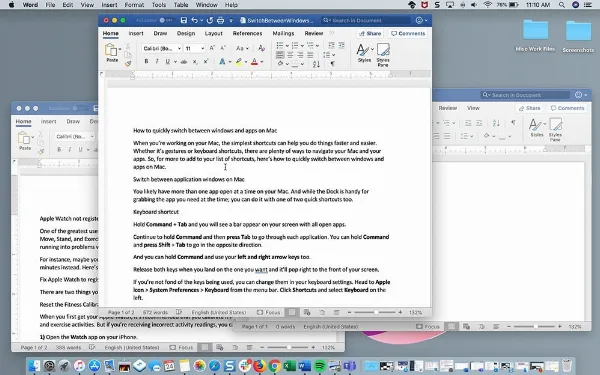 Mô tả: Hình ảnh minh họa cách chuyển đổi giữa các cửa sổ của cùng một ứng dụng trên Mac bằng phím tắt Command + `