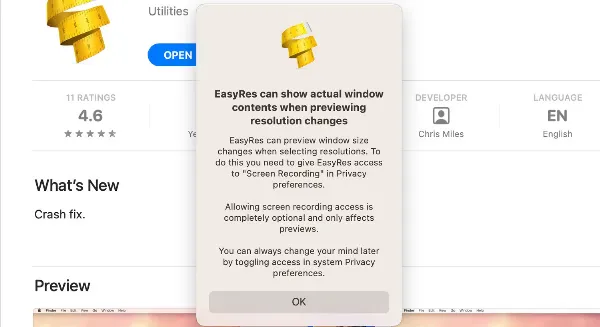 Mô tả: Thông báo yêu cầu quyền truy cập Ghi màn hình cho EasyRes
