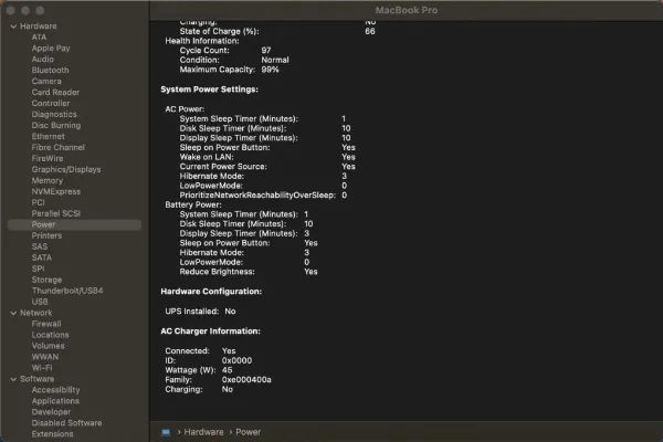 Mô tả: Thông tin công suất sạc hiển thị trên Macbook Pro 45W