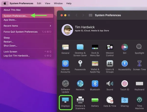 Mô tả: Truy cập Tùy chọn Hệ thống trong menu Apple và chọn Màn hình
