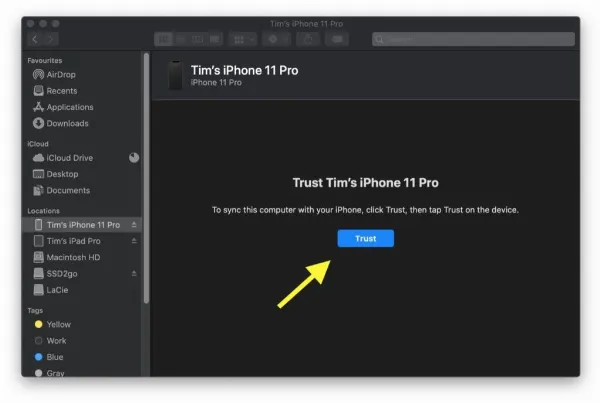 Nhấn nút Trust để tin cậy thiết bị trên macOS Catalina