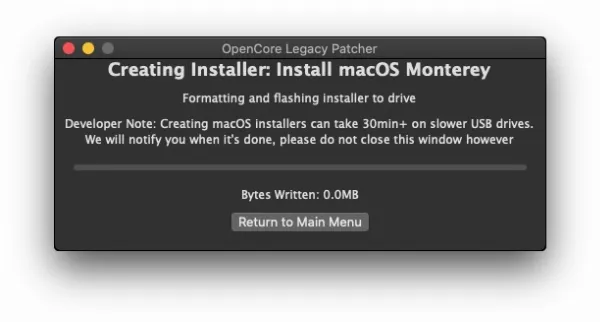 Cách cài macOS Sequoia trên máy Mac không được hỗ trợ 5 opencore legacy patcher creating installer screen a1a4d708