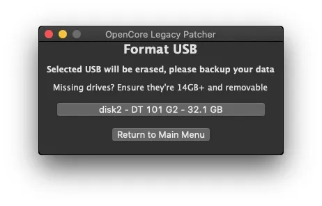 Cách cài macOS Sequoia trên máy Mac không được hỗ trợ 4 opencore legacy patcher format usb menu e888cd85