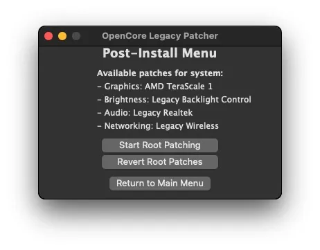 Cách cài macOS Sequoia trên máy Mac không được hỗ trợ 13 opencore legacy patcher post install menu c4e92b9e
