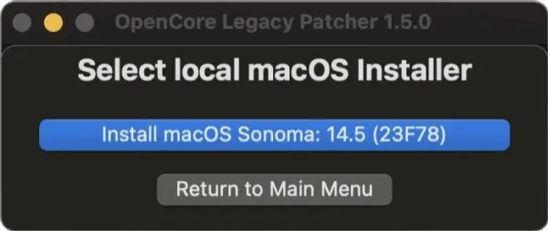 Cách cài macOS Sequoia trên máy Mac không được hỗ trợ 3 opencore legacy patcher select macos installer sonoma 06d78907