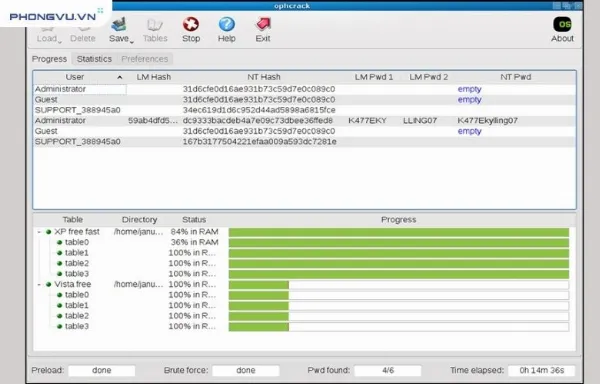 Phần mềm Ophcrack LiveCD